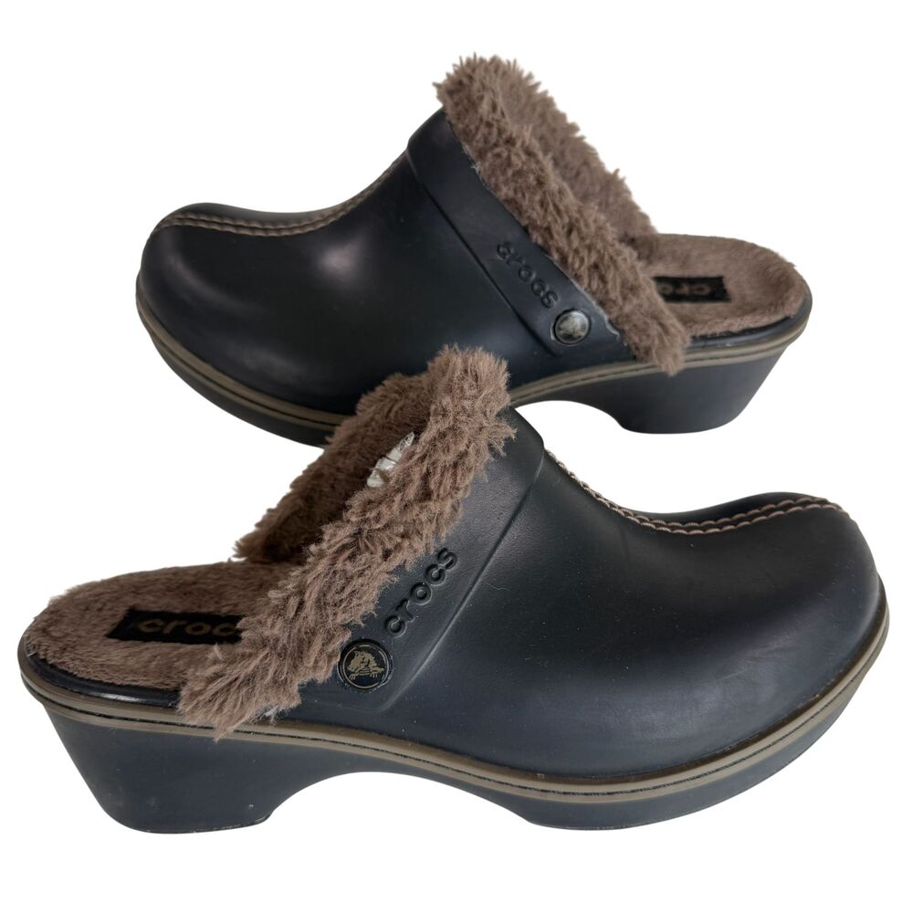 Crocs Cobbler Eva Faux Fur Lined Black Clogs Mules Shoes 11552 Women's Size 8